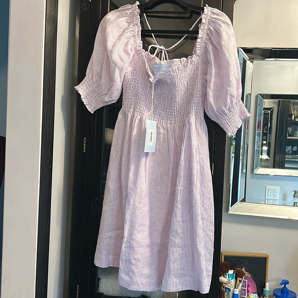 Hill House Athena Mini Nap Dress Linen Lilac Stripe M